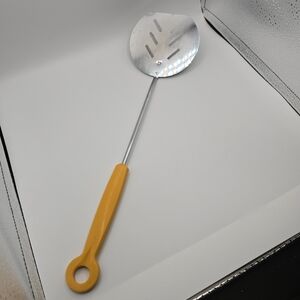 Vintage Long Handled Slotted Turning Spatula with Yellow Handle, Approx. 16.5"